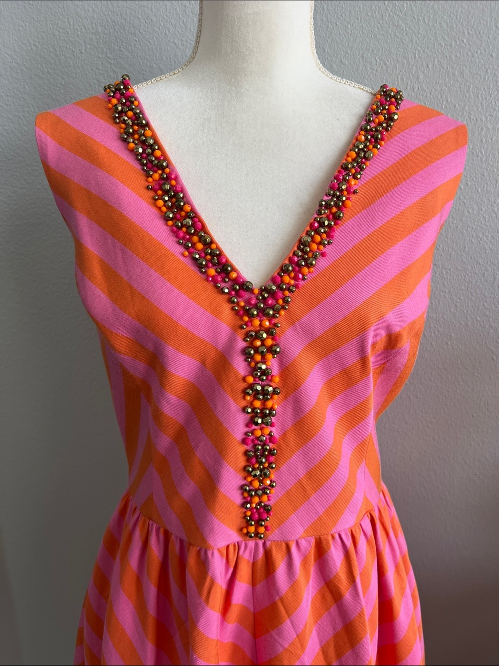 Lilly Pulitzer Beaded Chevron Stripe Silk Blend Fit Flare Dress PinkOrange Sz 14